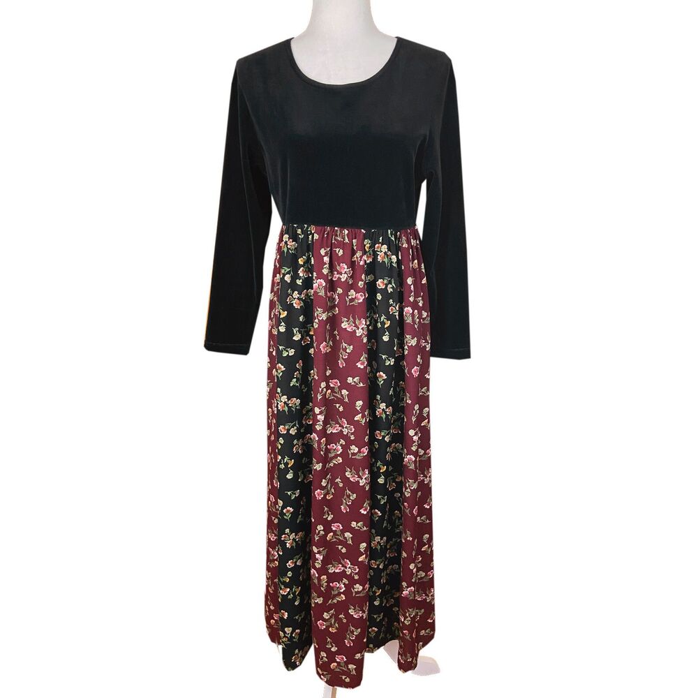Vintage Smith & Hawken Maxi Dress Size S (READ) Black Burgundy Floral Velvet L/S